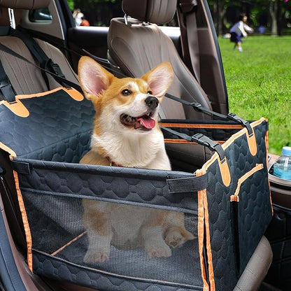 Dog Car Seat for Medium Small Dogs, Pet Car Seat with Adjustable Safety Belt & Storage Pockets, Breathable Waterproof Pet Car Seats Cover, Small Dog Seats for Dogs Under 30lbs (Medium, Orange)