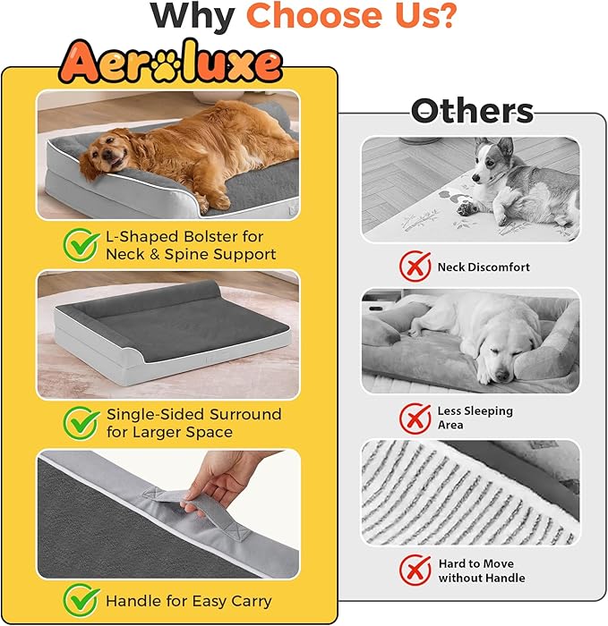 Dog Bed Large Sized Dogs, XXL Orthopedic Dog Bed for Large Dogs, Waterproof Pet Bed with Washable Removable Cover, L-Shaped Pet Couch with Portable Handle 48"x35"x7.5", Grey Flannel