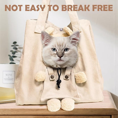 Pet Canvas Shoulder Carrying Bag, Cute Khaki Bear Shaped Cat Carrier, M Size Portable Kitten & Puppy Tote, Comfort Carriers for Small Dogs, Cats, and Pets, Handbag for Outdoor, Shopping, and Camping