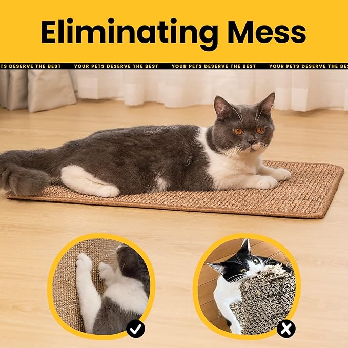 Cat Scratcher Mat,Natural Sisal Cat Scratch Pad with Hook&Loop Tape,Horizontal Floor Kitten Scratching Pads Rug for Indoor,Pet Furniture Protector for Couch&Carpets&Sofas, Large, Brown