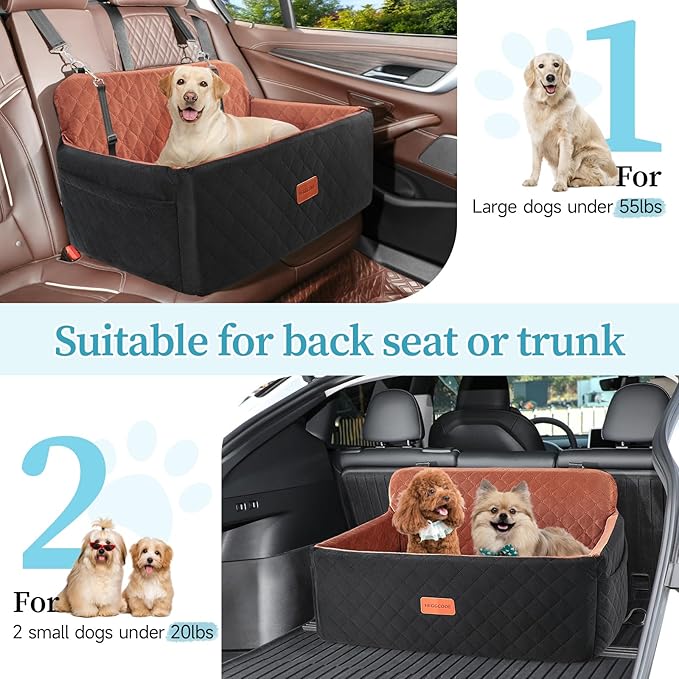 HEGGCOOE Dog Car Seat for Medium/Large Dogs, Pet Booster Seat for Under 55 lbs or 2 Small Dogs, Detachable & Washable Dog Car Bed for Backseat with 2 Safety Leashes(Black/Brown)