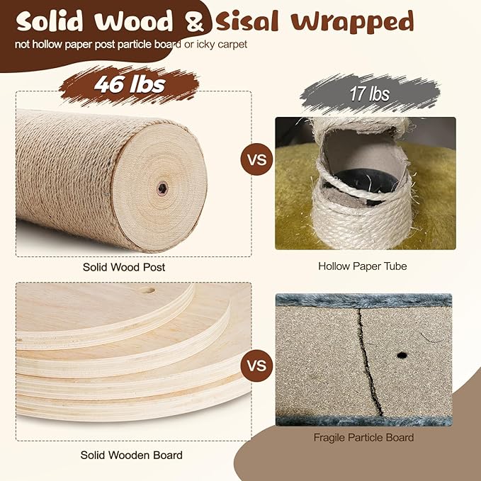 Tinnmao Solid Real Wood Floor to Ceiling Cat Tree, 6 Level Adjustable Height (89"-105"), Modern Climbing Tower with Thickened Wooden Sisal Scratching Posts & Cozy Bed for Indoor Cats Large Adult