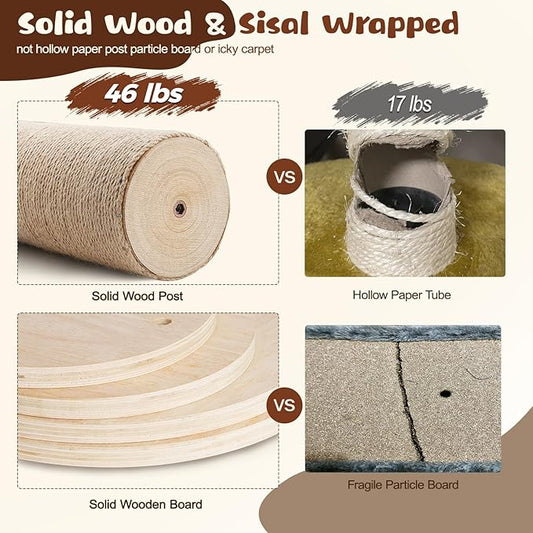 Tinnmao Solid Real Wood Floor to Ceiling Cat Tree, 6 Level Adjustable Height (89"-105"), Modern Climbing Tower with Thickened Wooden Sisal Scratching Posts & Cozy Bed for Indoor Cats Large Adult