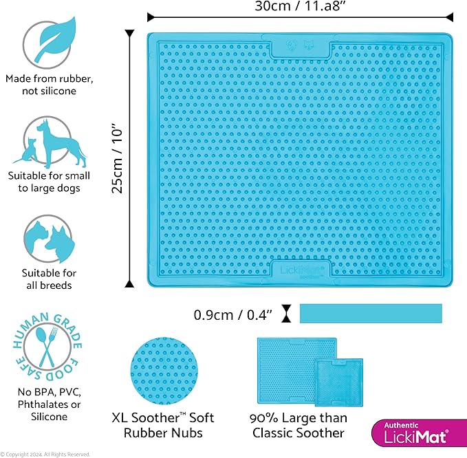 LickiMat X Large Breed Soother Dog Lick Mat Dog Calmer Slow Feeder, Anxiety Reliever Alternative to Puzzle Toys, Slow Feeding Bowls. Use Peanut Butter, Wet, Raw, Mixed Food, Healthy Treats - Turquoise