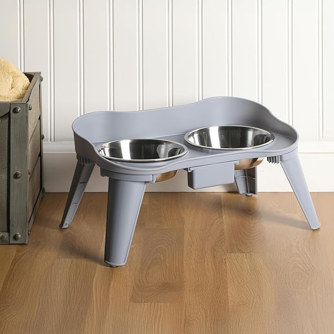 Gibson Home Wags N’ Whiskers 3 Piece Elevated Pet Bowl Set, 12oz Stainless Steel Dog & Cat Bowl with PP Stand, Non-Slip Raised Feeder, Food & Water Station, Dishwasher Safe, Blue