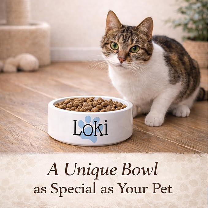 Custom Cat Bowl | Personalized Food & Water Dish with Name | Microwave & Dishwasher Safe Ceramic Pet Feeding Bowl for Kitty | Gift Idea for New Kitten Owners | White – Small