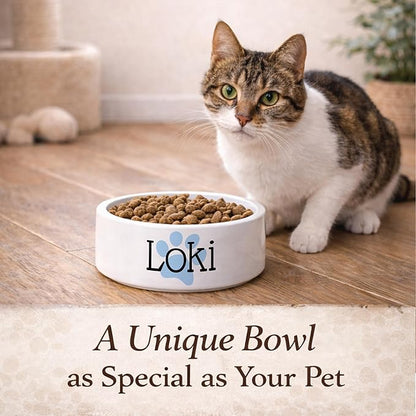 Custom Cat Bowl | Personalized Food & Water Dish with Name | Microwave & Dishwasher Safe Ceramic Pet Feeding Bowl for Kitty | Gift Idea for New Kitten Owners | White – Small