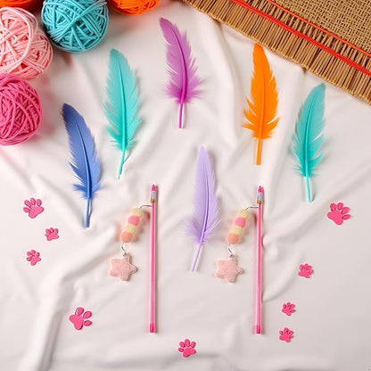 2 Pcs Pink Cat Stick Toy Elastic Rope Plush Ball Star Pendant Bite-Resistant Comfortable Grip Relieve Boredom Handmade Kitten Teaser Wand Cat Mice and Animals Toys Pet Supplies