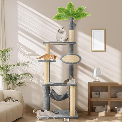 55 Inch Large Cat Tree Tower for Indoor Cats with Hammock Green Leaves Sisal Scratching Post, Plush Hang Ball Play Furniture for Kittens & Adult Cats,Grey