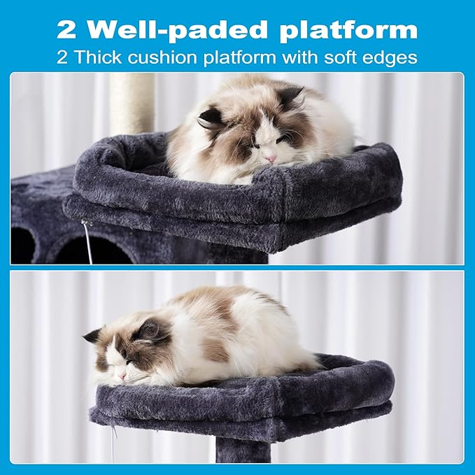 Hey-brother Large Multi-Level Cat Tree Condo Furniture with Sisal-Covered Scratching Posts, 2 Bigger Plush Condos, Perch Hammock for Kittens, Cats and Pets Smoky Gray MPJ020G