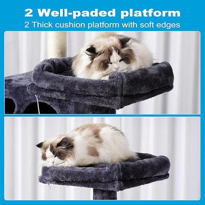 Hey-brother Large Multi-Level Cat Tree Condo Furniture with Sisal-Covered Scratching Posts, 2 Bigger Plush Condos, Perch Hammock for Kittens, Cats and Pets Smoky Gray MPJ020G