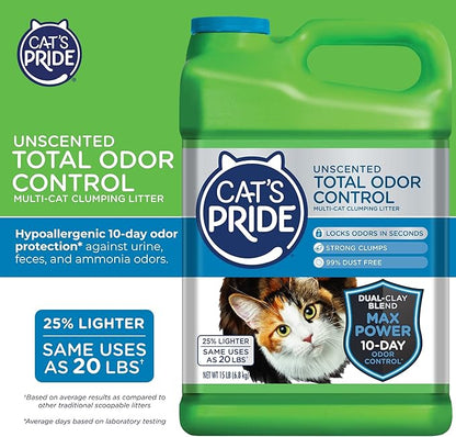Cat's Pride Max Power: Total Odor Control - Up to 10 Days of Powerful Odor Control - Strong Clumping - Hypoallergenic - 99% Dust Free - Multi-Cat Litter, Unscented, 15 Pounds (Pack of 2)