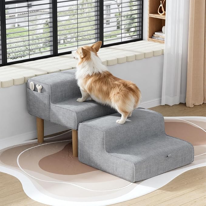PakaLife Dog Ramp Ottoman,2-in-1 Dog Steps for Bed&Couch,Foldable Solid Wood Pet Ramps&Dog Stairs for Small, Senior Dogs & Old Cats to get on Bed,Washable Cover,135lb Capacity