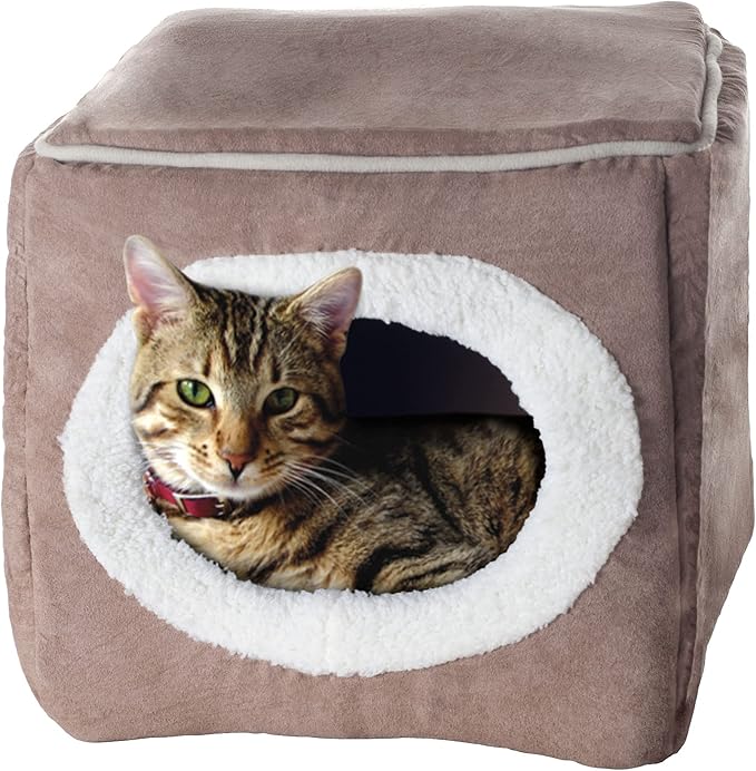 Cat House - Indoor Bed with Removable Foam Cushion - Cat Cave for Puppies, Rabbits, Guinea Pigs, and Other Small Animals by PETMAKER (Light Brown)