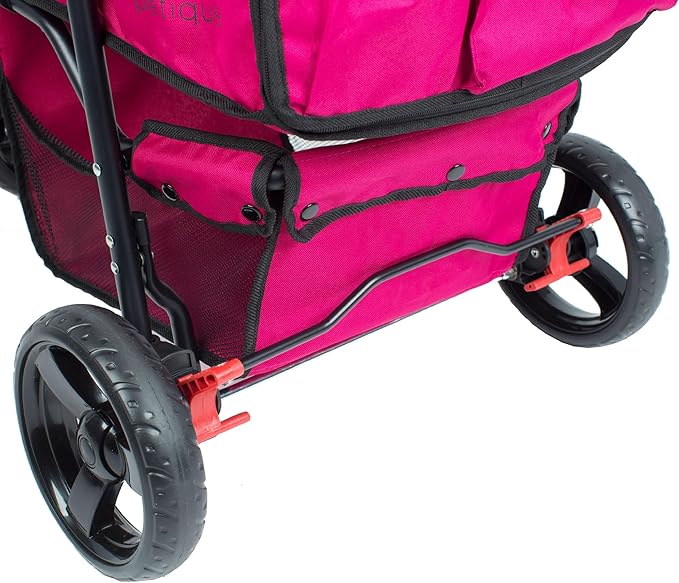 Petique Durable Pet Stroller, Easy Fold, Quality mesh Windows, Large Storage Basket, Secure Cup Holder Tray, for Small to Medium Dog, Cat, Bunny, Supports Pets up to 55LBS - RAZZBERRY