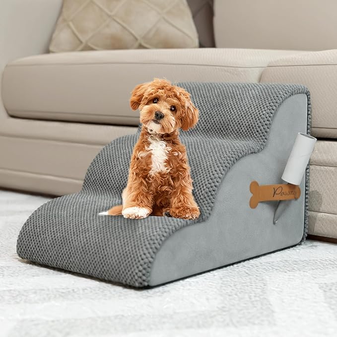 PAWZY Dog Stairs for Medium-Height Beds & Couches, 3-Step Foam Pet Steps 15.5” High for Small Dogs & Cats up to 60 lbs, Wide Non-Slip, Waterproof Washable Zipper Cover, No Assembly, Grey