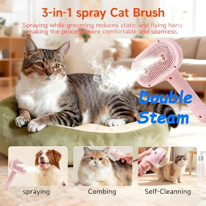 Pet Steam Brush for Cat & Dog, 2-Hole Double Spray, 3-in-1 Cat Steam Brush,Pet Spray Comb with Shedding Massaging Grooming Self-Cleaning Release Button for Long & Short Haired Pets(Pink)