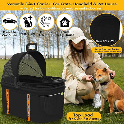 PAWZIDEA Portable Small Dog Crate for Car Travel up 33lbs, Enclosed Dog Car Seat Soft-Sided, Escape-Proof Reversible No-Zip Canopy, Foldable Pet Carrier Seatbelt for Small Medium Puppies & Cats Kennel