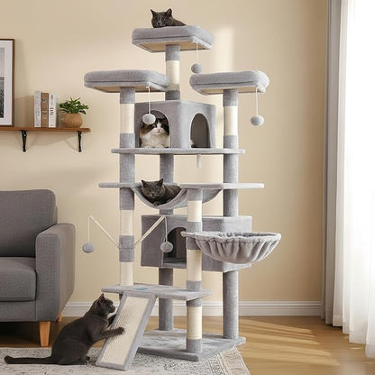 Hey-brother Cat Tree, 71 inches XL Large Cat Tower for Indoor Cats, Multi-Level Cat House with 3 Padded Perches, Big Scratcher, Cozy Basket, 2 Cat Condos and Scratching Posts, Light Gray MPJ034W