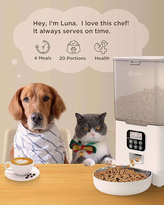Ciays Automatic Cat Feeder, 5.6L, Control 4 Meals Per Day, Pet Dry Food Dispenser, Dual Power Supply & Voice Recorder, White