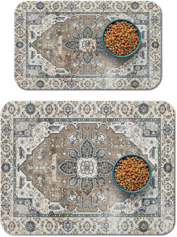 2 Pack Dog Food Mats for Floors, Absorbent and Quick-Drying Pet Cat Food Mat,Anti-Fouling and Easy-to-Clean Pet Feeding Mat,Dog Bowl Mat for Messy Drinking Water Bowls.12 x20+18"x24", Bohemia Style
