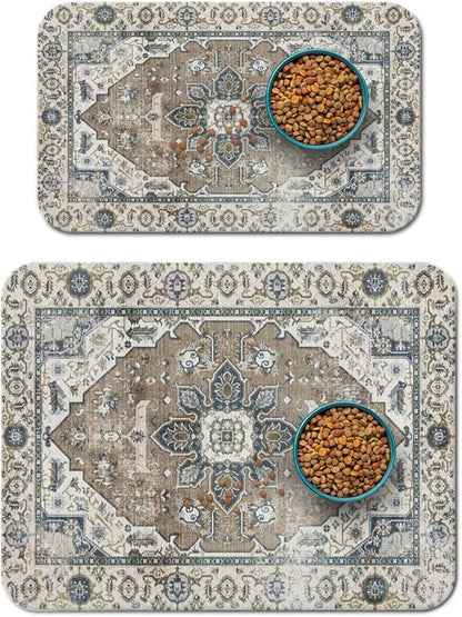 2 Pack Dog Food Mats for Floors, Absorbent and Quick-Drying Pet Cat Food Mat,Anti-Fouling and Easy-to-Clean Pet Feeding Mat,Dog Bowl Mat for Messy Drinking Water Bowls.12 x20+18"x24", Bohemia Style