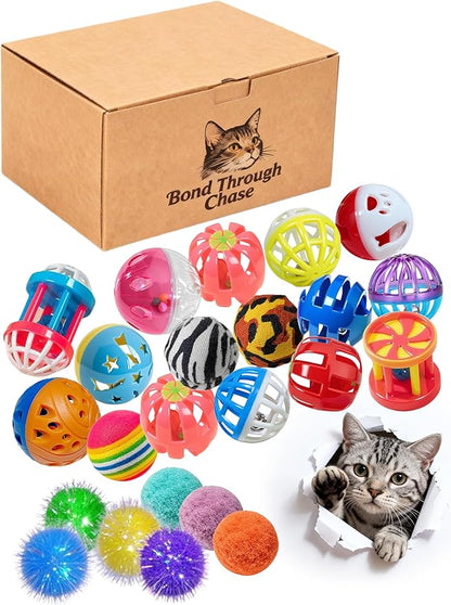 40 Pack Cat Toys Balls for Indoor Kitten, 20 Bell Balls 10 Plush Balls 10 Reflective Balls, Interactive Exercise Toys for All Cats (1.5'' - 2.3'')