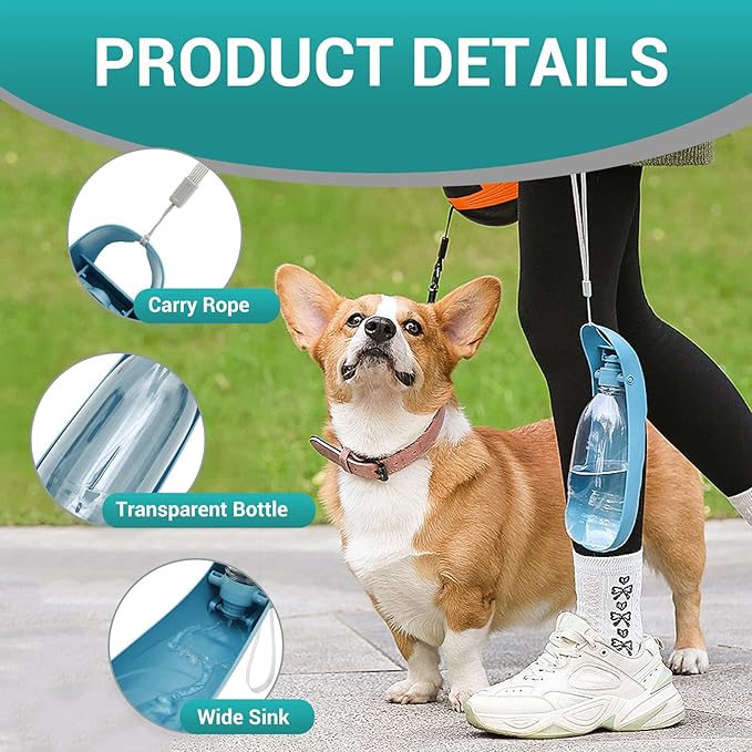 Dog Water Bottle, 550ML Large Capacity Leak-Proof Portable Pet Water Dispenser with Carrying Lanyard, Ideal for Outdoor Walking Hiking Travel