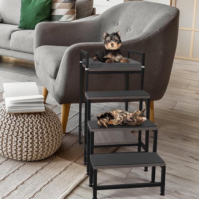 Pet Window Perch with Stairs, Grey Dog Window Perch with Stairs, 4 Steps Dog Bunk Beds with Stairs, Pet Stairs for High Beds with Cushion for Medium Small Sized Pets