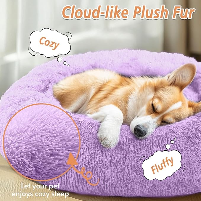 JOLLYVOGUE Calming Dog Beds Large Sized Dog, 36in Donut Washable Large Pet Bed, Anti-Slip & Anti-Anxiety Fluffy Faux Fur Round Dogs Bed, Fits up to 80 lbs Pets (Purple)