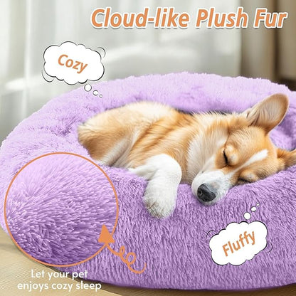 JOLLYVOGUE Calming Dog Bed Medium Size Dog, 31in Donut Washable Medium Pet Bed, Anti-Slip & Anti-Anxiety Fluffy Faux Fur Round Dogs Bed, Fits up to 45 lbs Pets (Purple)