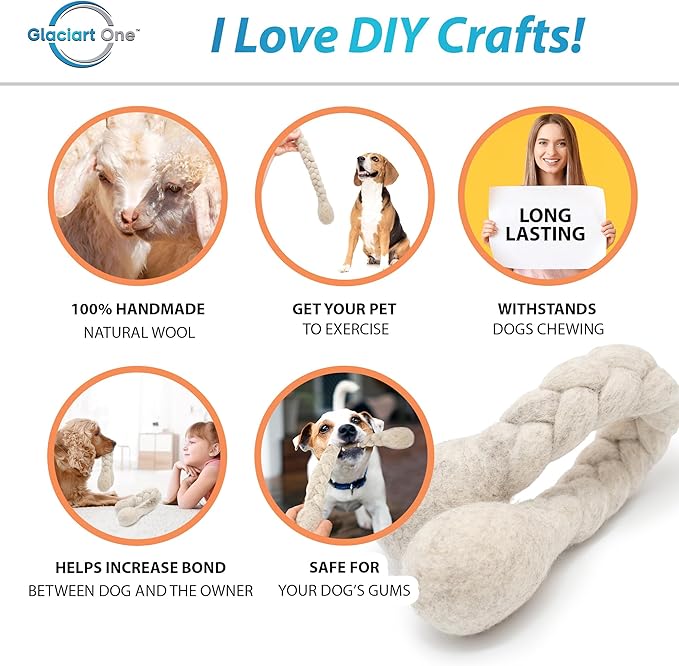 Glaciart One 15-Inch Dog Wool Rope Toy - Durable Chew Toys for Small and Medium Breeds - Natural, Plastic-Free, Non-Allergic - Long-Lasting Play and Activity Ball for Dogs, Indoors and Outdoors