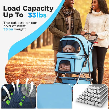 BestOffice Pet Stroller for Small Medium Dogs & Cats, 4-Wheel Foldable Dog Stroller with Cup Holder, Lightweight Travel Carrier, Waterproof Design for Outdoor Walks, Blue