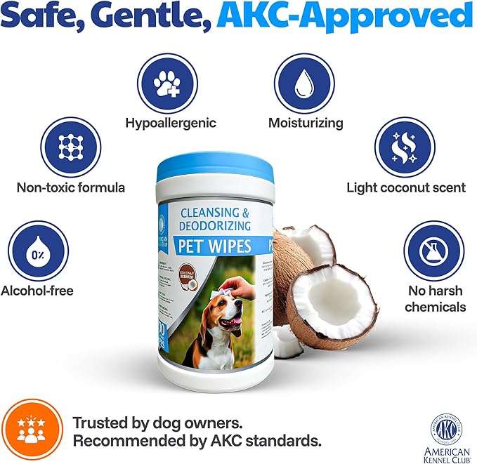 AKC - Pet Wipes for Dogs & Cats | Hypoallergenic Grooming Wipes | Chemical-Free Cleaning for Paws, Face, Ears & Coat | Gentle Moist Wipes for Daily Pet Hygiene & Quick Freshening | 200 Count