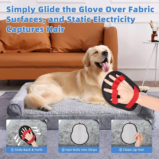 Pet Hair Removal Glove for Laundry, Magic Grooming Brush for Dogs Cats, Electrostatic Hair Remover Tool with Five-Finger Design for Couch, Carpet, Clothing, Car Seat Red