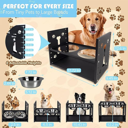 FORUP All-Metal Elevated Dog Bowls, Heavy Duty Cold-Rolled Steel Frame, 6-Height Adjustable Raised Feeder Stand with 2 Stainless Steel Bowls, Anti-Slip Rubber Feet for All Breeds (2.5"-12.2")
