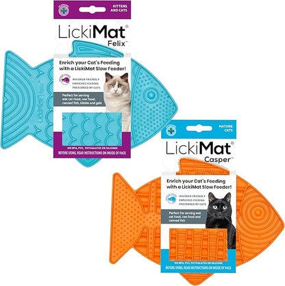 Lickimat Casper & Felix, Fish-Shaped Cat Slow Feeders Lick Mat, Boredom Anxiety Reducer; Perfect for Food, Treats and Anxiety Reduction. (Orange & Turquoise)