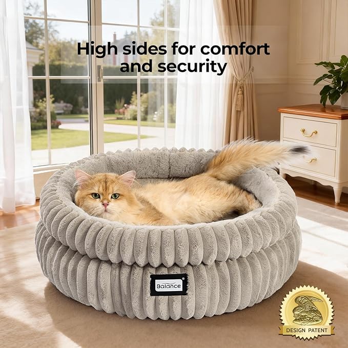 BALANCE Cat Bed Kitten Bed, Washable Round Cat Beds for Indoor Cats,Super Soft Plush Faux Fur Pet Bed for Puppy and Kitten with Anti-Slip Bottom