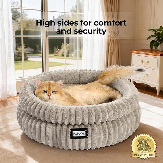 BALANCE Cat Bed Kitten Bed, Washable Round Cat Beds for Indoor Cats,Super Soft Plush Faux Fur Pet Bed for Puppy and Kitten with Anti-Slip Bottom