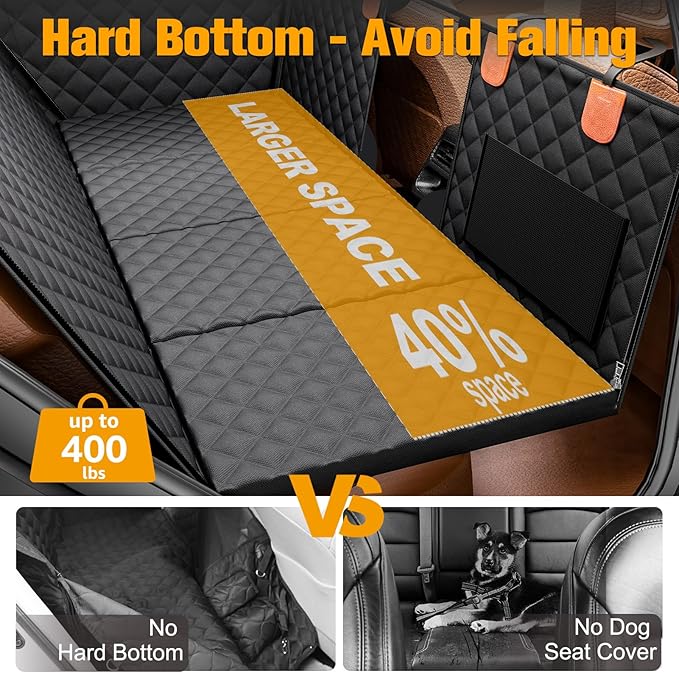 PETICON Back Seat Extender for Dogs, Hard Bottom Dog Car Seat Cover - Supports 400lbs, Rear Seat Pet Cover with Mesh Window, Waterproof Dog Hammock for Car SUV
