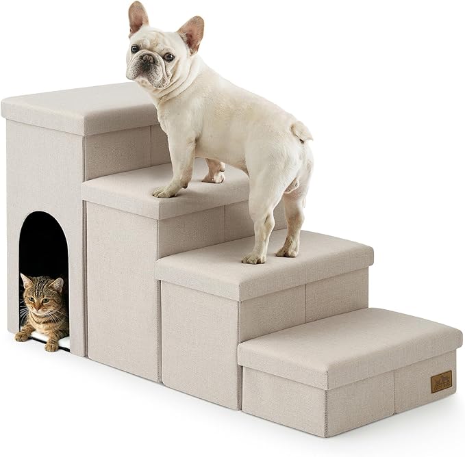 Dog Stairs with Storage, 4-Step Wider Sturdy Dog Steps for Small/Medium/Large Dogs and Older Cats, Doggie Ramp with Condo for Bed/Couch/Car Hold Up to 180 lbs (22.6" H, Beige)