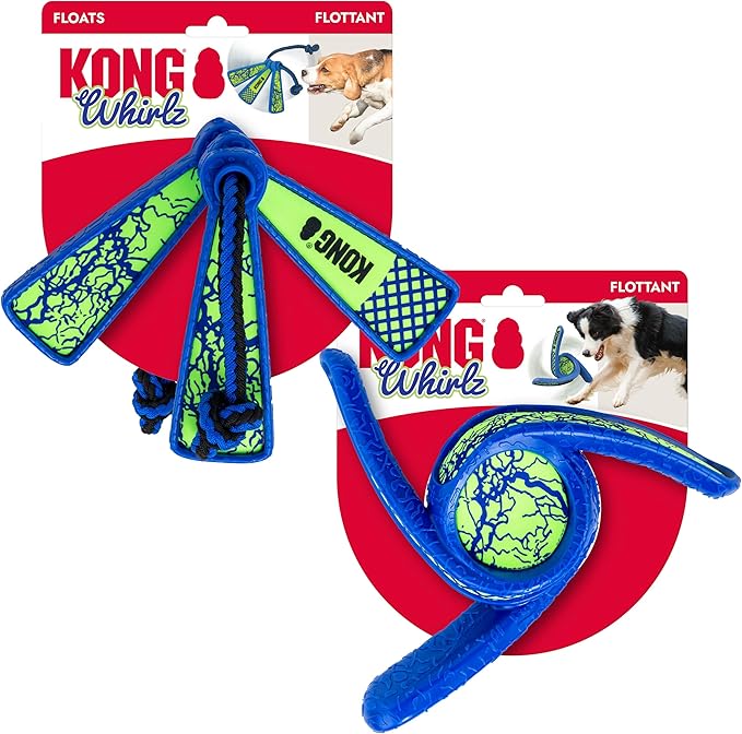 KONG Whirlz Dog Fetch Toy – Durable Squeak-Free Rope & Throw Combo, Unpredictable Bounce, Floats in Water, All-Season Outdoor Play (Rope/Throw Bundle)