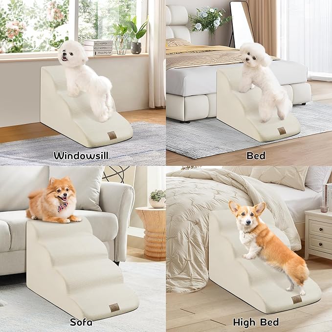 Mestuel Dog Stairs for Small Dogs Cats, Small Pet Stairs Steps, Foam 6-Tier Pet Stairs Steps for Couch Sofa, Dog Ramp Ladder Indoor with Nonslip Bottom &Washable Cover, Beige