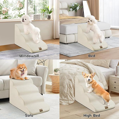 Mestuel Dog Stairs for Small Dogs Cats, Small Pet Stairs Steps, Foam 6-Tier Pet Stairs Steps for Couch Sofa, Dog Ramp Ladder Indoor with Nonslip Bottom &Washable Cover, Beige