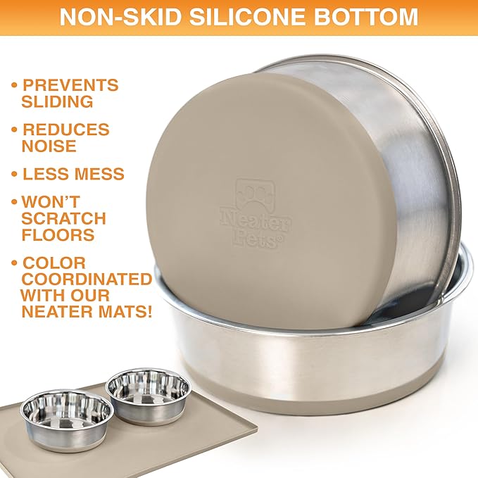 Neater Pet Brands Stainless Steel Dog Bowls with Non-Slip Rubber Bottom – Set of 2, 4 Cup (32 oz), Tan - Heavy Duty Metal Dog Bowl, Dishwasher Safe, Food or Water Bowl, Ideal for Medium Dogs