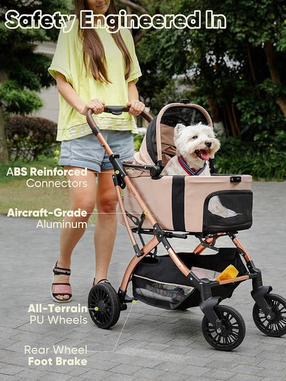 Small Dog Stroller, Pet Stroller for Small Dogs, 5-in-1 Dog Strollers - Fold All in One Without Detaching Carrier, Pet Strollers with Removable Waterproof Carrier for Dogs Cats 10 lbs 20 lbs - Khaki
