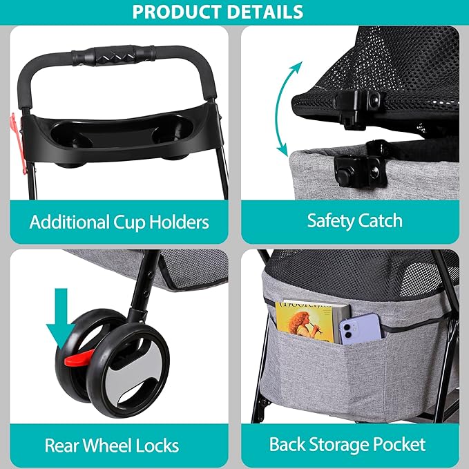 Pet Stroller 4 Wheels Dog Cat Stroller, Detachable Carrier Travel Folding Carrier for Small Medium Dog Cats (Grey)