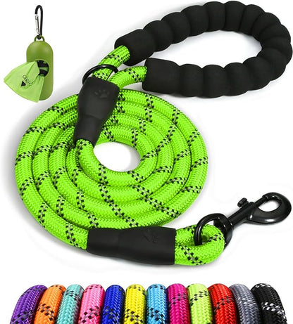 Taglory Rope Dog Leash 4 FT with Comfortable Padded Handle, Highly Reflective Threads Leash and Anti-Tangle Clip for Walking Medium Large Dogs, 1/2 inch, Green