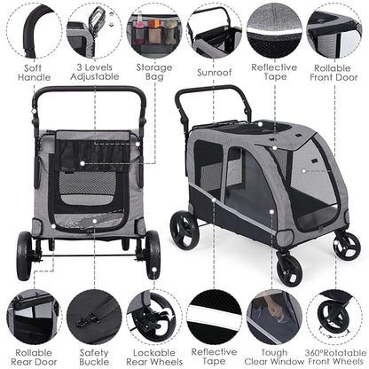 Dog Stroller for Large & Medium Dogs, Extra Large Pet Stroller, Dog Wagon for 2 Dogs, Foldable Design, Adjustable Handle, with Pocket, Up to 130 lbs