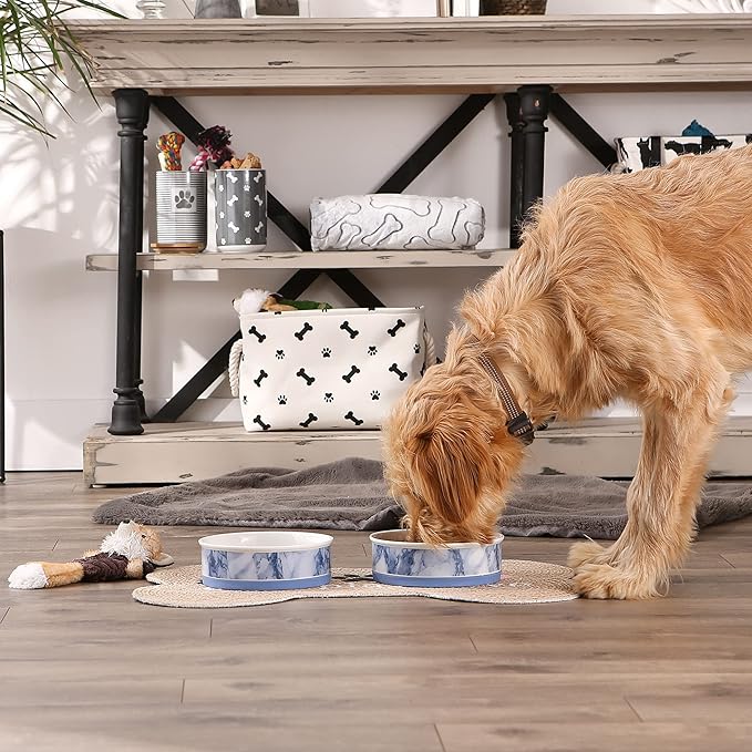 Bone Dry Ceramic Marble Non-Slip Pet Bowls, Dishwasher Safe, Large Set, 7.5x2.4, Blue, 2 Count